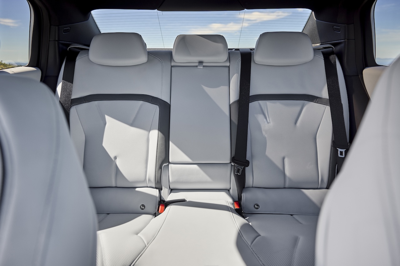 Close-up of the BMW i3 Sedan rear seat upholstery and cabin materials