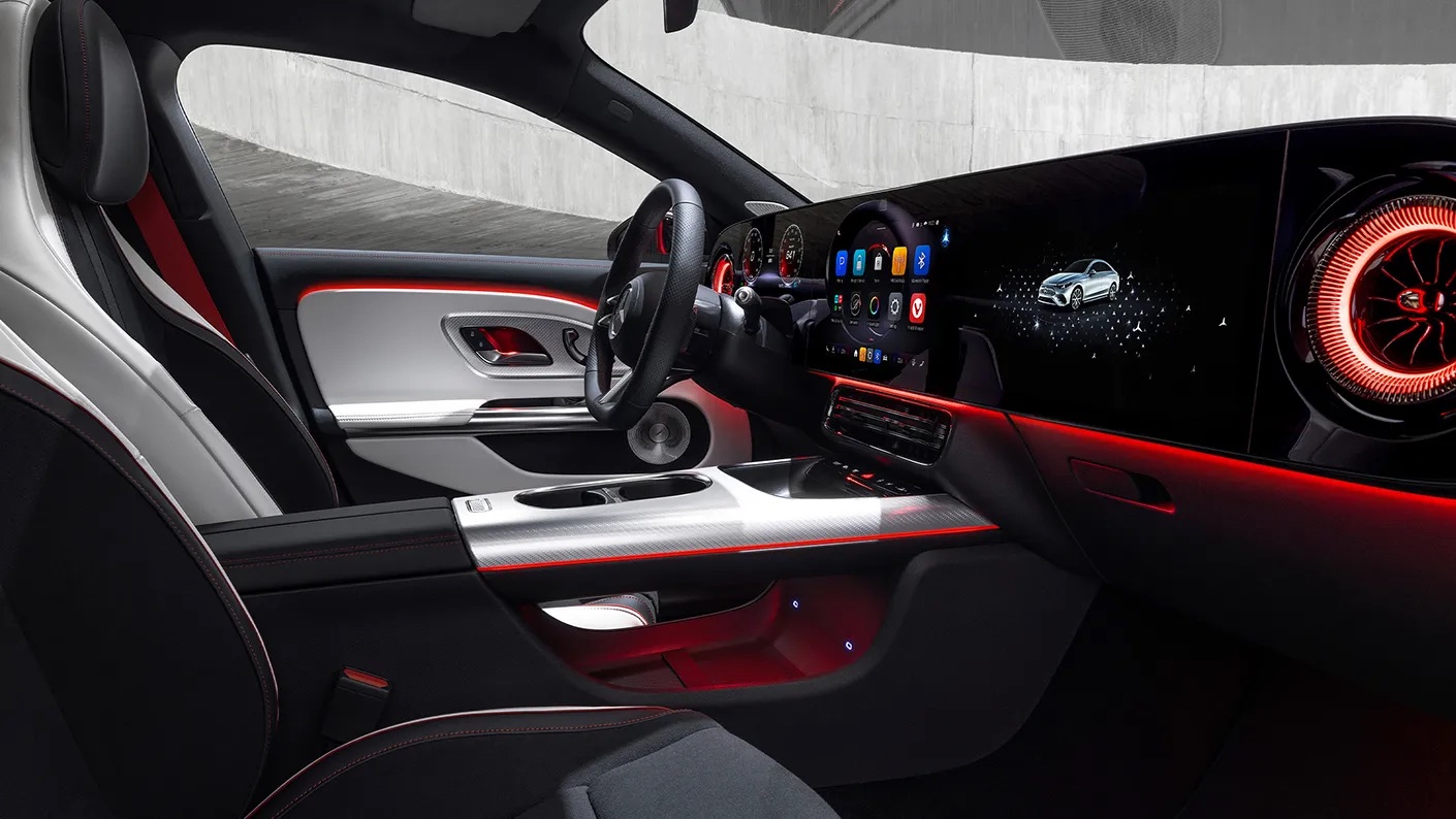 2026 Mercedes-Benz CLA Sedan interior cabin view showing spacious design, panorama roof, and advanced infotainment | Electric luxury in Loveland, CO at Mercedes-Benz of Loveland