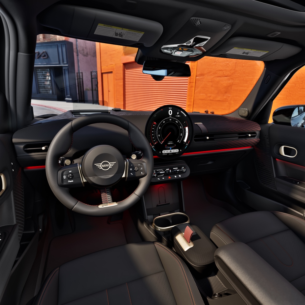 MINI Red Line Edition interior featuring red and black JCW Sport Seats in Vescin upholstery with red contrast stitching
