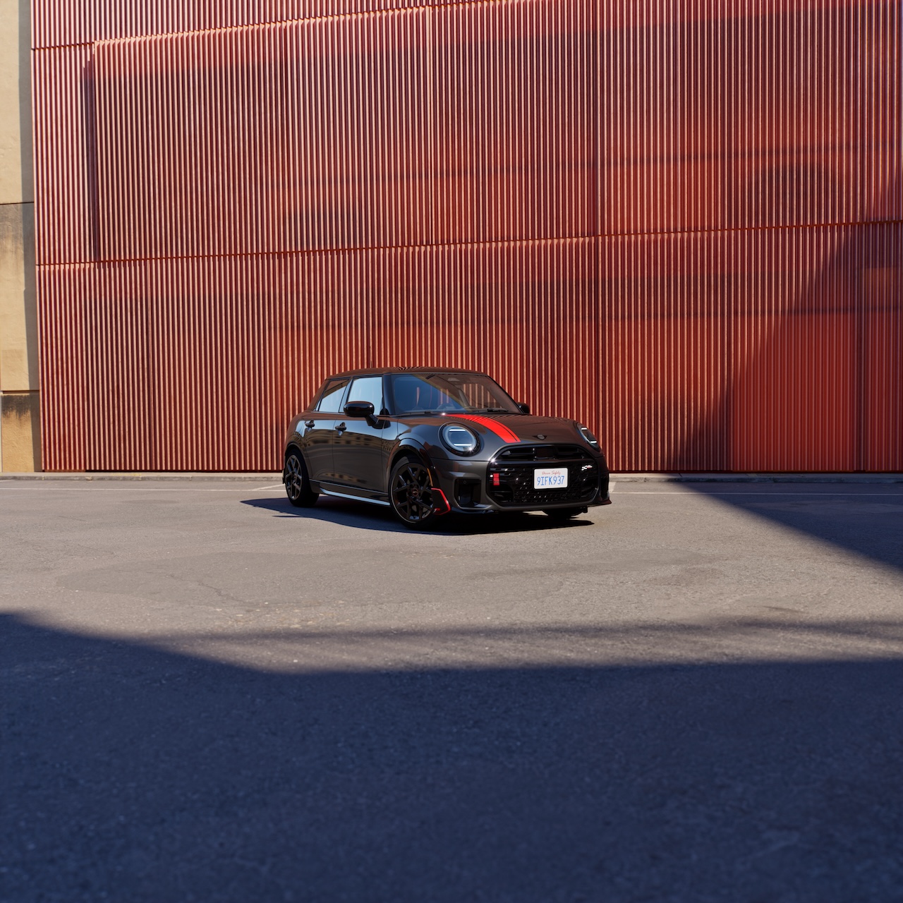 2026 MINI Red Line Edition full view in Legend Grey Metallic with Chili Red stripe, available at MINI of Freeport