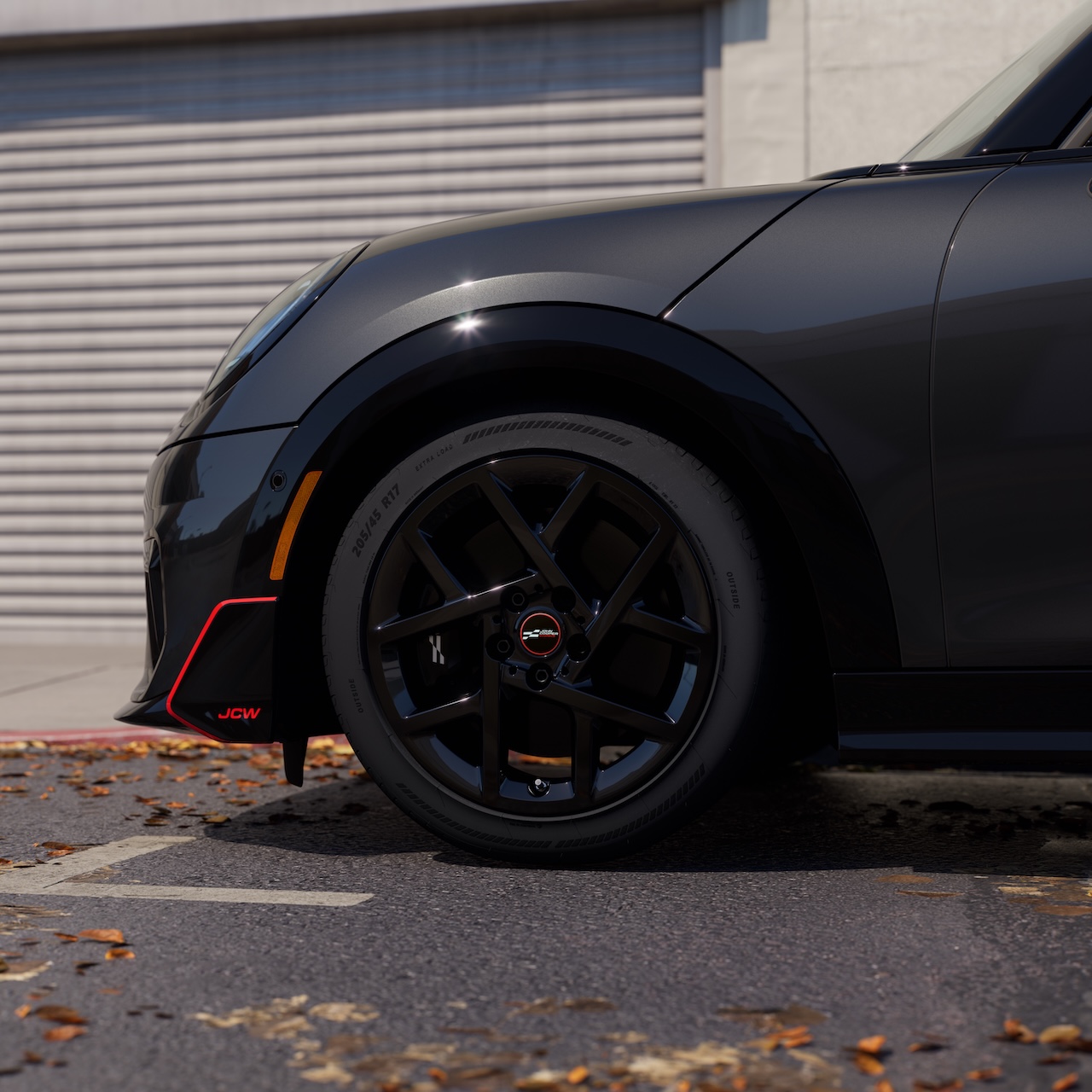 17-inch John Cooper Works Sprint Spoke Black wheels with JCW Floating Center Caps and Sport Brakes on the Red Line Edition