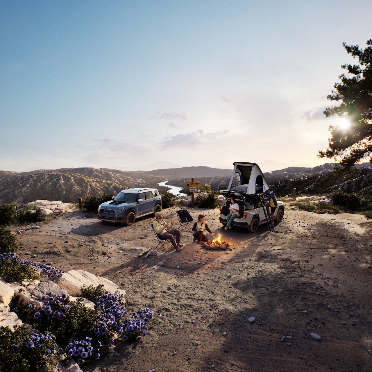 2026 MINI Countryman Untamed Edition parked beside a campfire at night showcasing adventure-ready lifestyle and outdoor capability