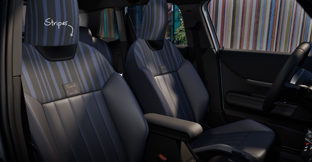 Exclusive Paul Smith striped seat upholstery inside the 2026 MINI Paul Smith Edition cabin