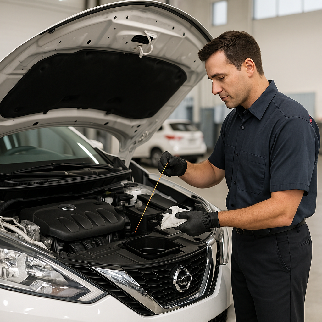 Nissan oil change service with multi-point inspection, fluid top-offs, tire pressure check, and genuine oil filter replacement