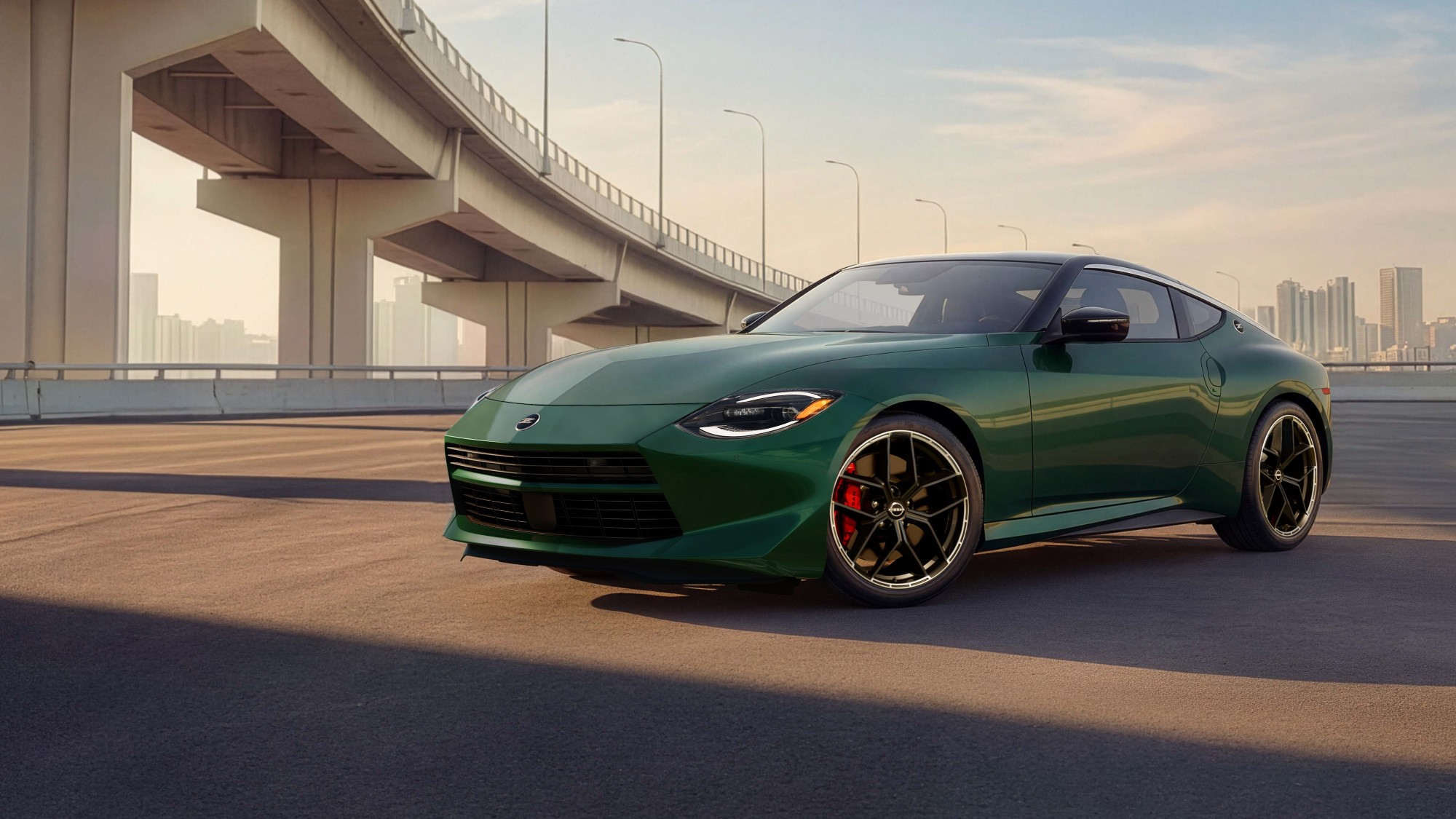 2027 Nissan Z in Shinkai Green Pearl Metallic front three-quarter view